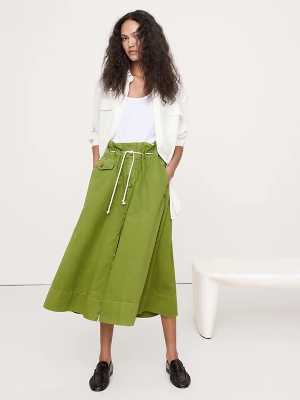NWT! BANANA REPUBLIC GREEN COTTON POPLIN MAXI SKIRT WITH ROPE TIE 🧩